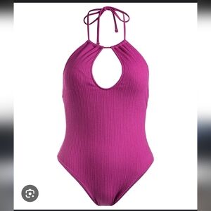 Roxy Purple Fuschia Textured Plunge V Neck Tie One Piece Swimsuit L